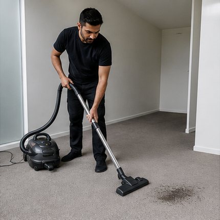 TA Staging employee vacuuming a clean staged room