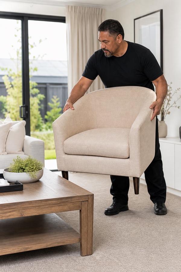 Staff member carefully lifting an armchair without touching nearby furniture