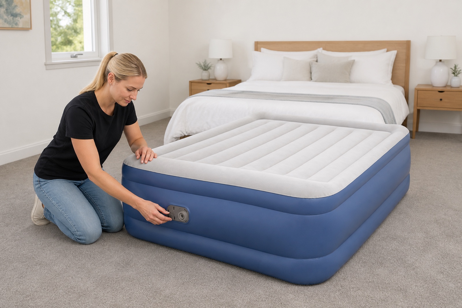 Blonde TA Staging employee operating the built-in pump on the short head end of a raised inflatable air bed
