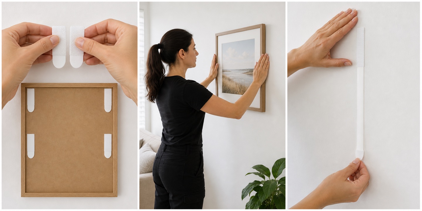 Correct Command strip removal with the tab pulled slowly downward parallel to the wall