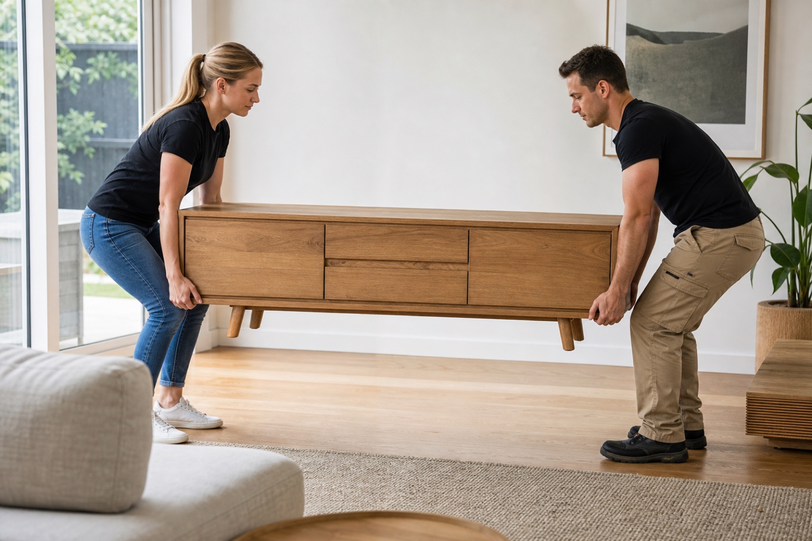 Two TA Staging employees sharing a large console-table lift with secure grips
