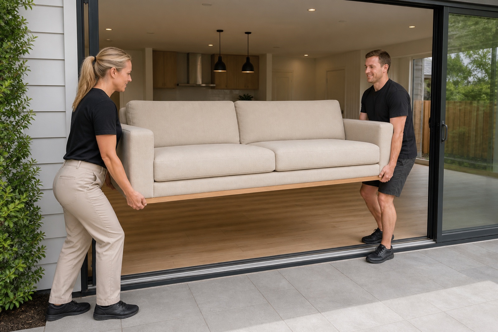 Blonde woman and male colleague securely carrying a sofa through a wide sliding door