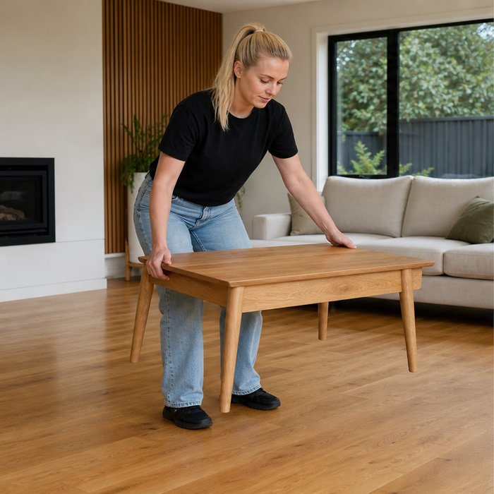 Blonde TA Staging employee carefully lifting a coffee table instead of dragging it