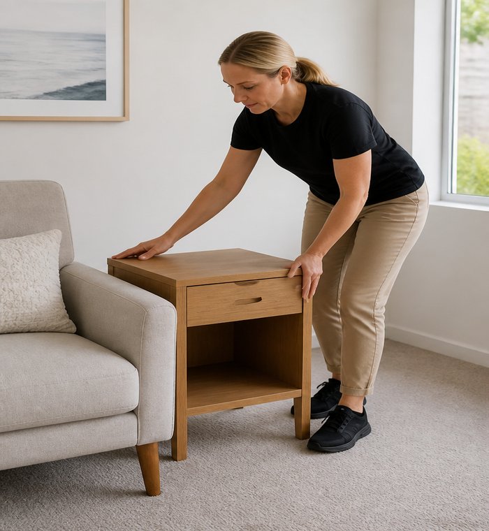 Blonde TA Staging employee carefully handling a timber table without wrapping or protective film