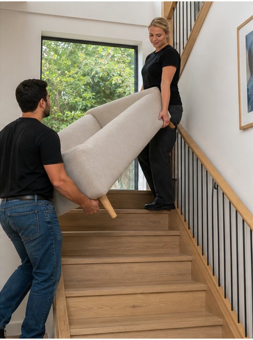 Blonde woman and male colleague carefully carrying furniture on stairs