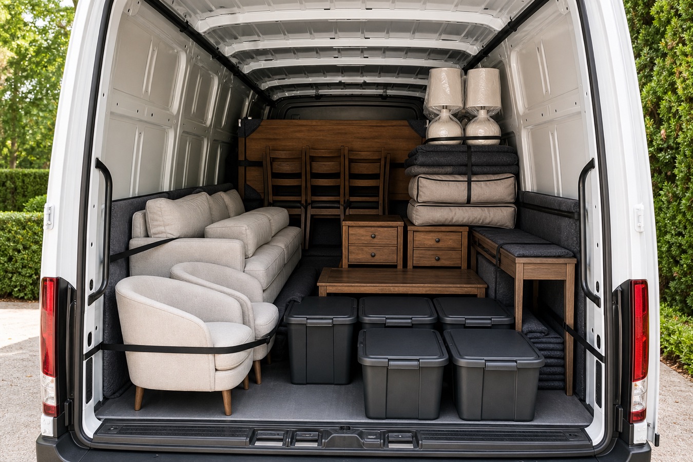 TA Staging team loading furniture and reusable styling tubs into the van
